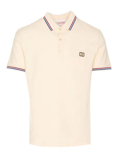 Valentino Cotton Piqué Polo Shirt With V-logo Patch In Neutral