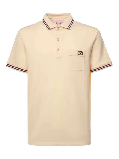 Valentino Cotton Piqué Polo Shirt With V-logo Patch In Neutral