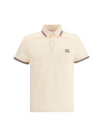 Valentino Cotton Piqué Polo Shirt With V-logo Patch In Neutral