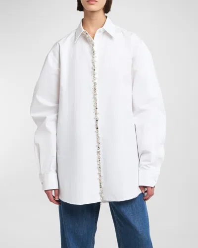 Valentino Poplin Button-front Shirt With Crystal Trim Placket In White Multi