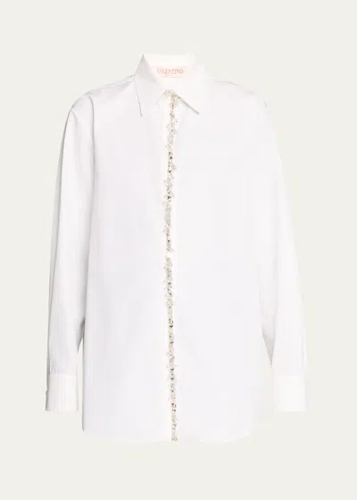 Valentino Poplin Button-front Shirt With Crystal Trim Placket In White Multi