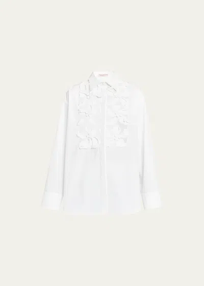 Valentino Poplin Floral Button-front Shirt With Lasercut Bib In White