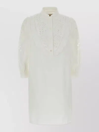Valentino Poplin Shirt Dress Embroidery High Collar Puff Sleeves In White