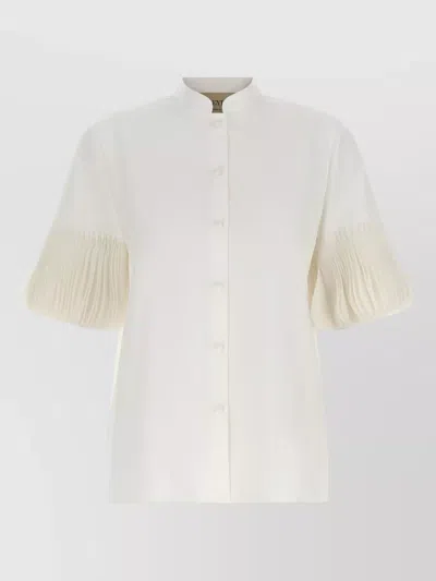 Valentino Poplin Shirt Embroidered Mandarin Collar Pleated Sleeves In Neutral