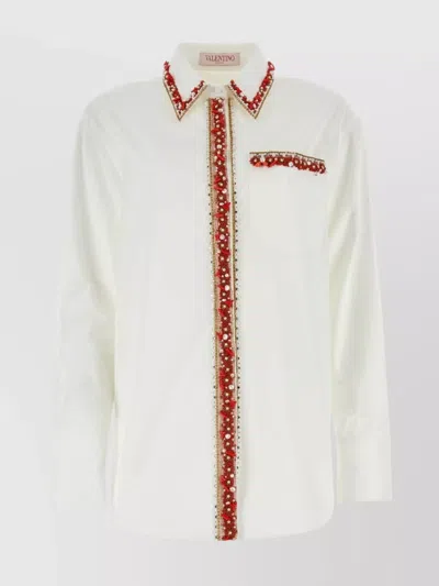 Valentino Poplin Shirt With Long Sleeves And Embellished Collar In White