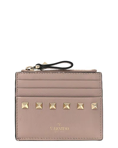 Valentino Garavani Valentino Poudre Pebbled Calfskin Leather Rockstud Coin Case Card Holder  (authentic Pre-loved) In Neutral