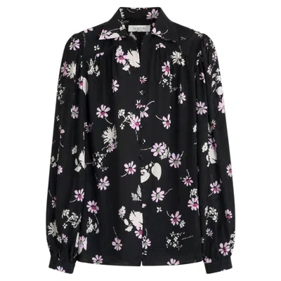 Pre-owned Valentino Pre-fall 2017 Women's Floral Silk Blouse With Puff Sleeves In Black