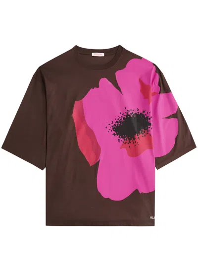 Valentino Printed Cotton T-shirt In Brown