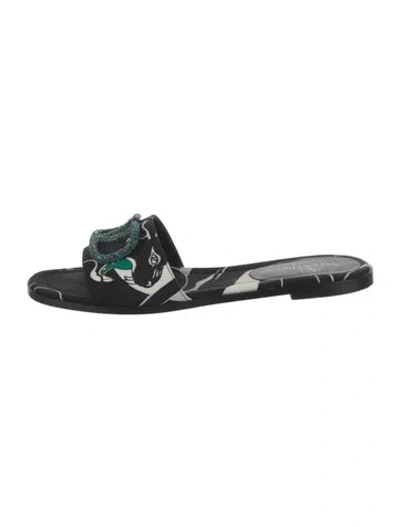 Pre-owned Valentino Garavani Printed Crystal Embellishments Slides In Black