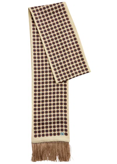 Valentino Printed Fringed Silk-satin Scarf In Brown
