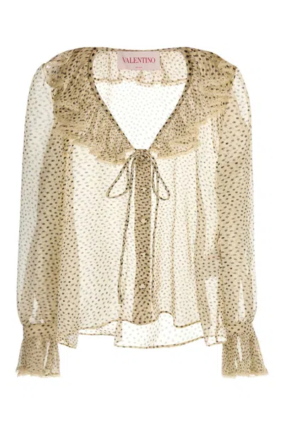 Valentino Lace-trimmed Ruffled Polka-dot Silk-chiffon Blouse In Neutrals