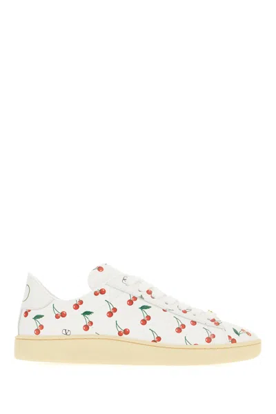 Valentino Garavani Royco Sneaker In Nappa Calfskin With Cherryfic Pattern In White