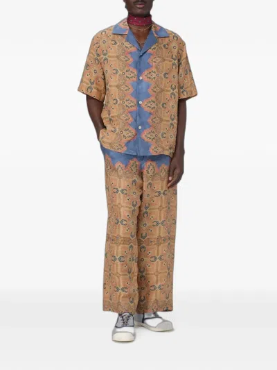 Valentino Printed Linen Trousers In Brown