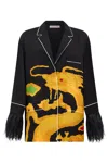 Valentino Graphic-print Feather-trim Silk Shirt In Black