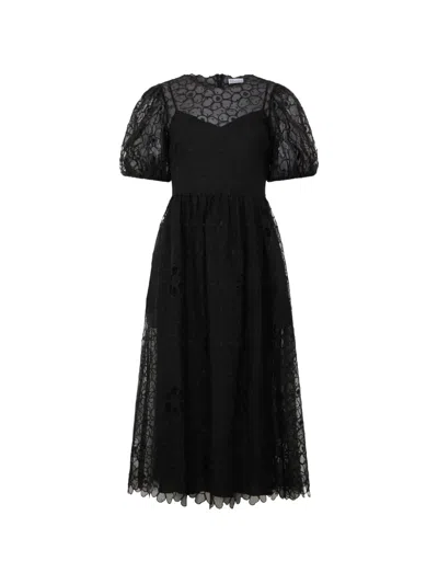 Valentino Puff-sleeve Floral Dress In Black