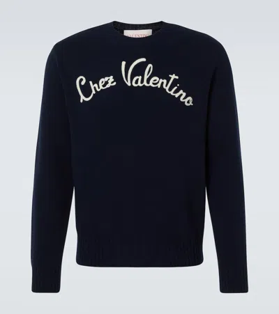 Valentino Wool Crewneck Jumper With Chez Embroidery In Indigo