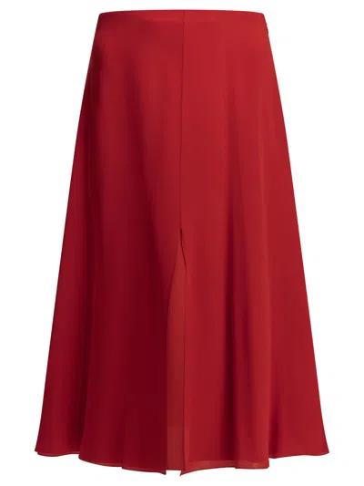 Valentino Pure Silk Georgette High-waisted Flared Midi Skirt With Front Slit In Red