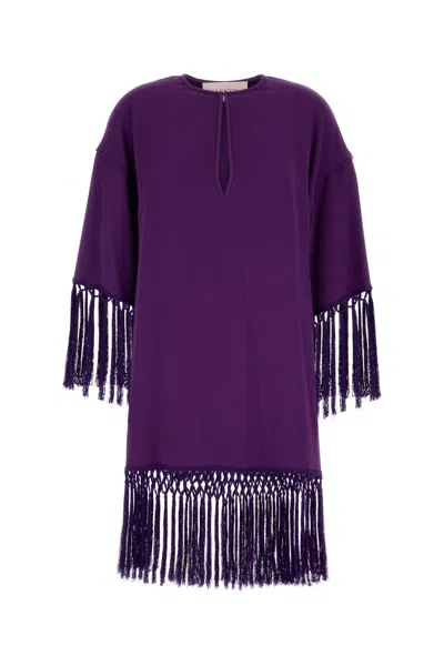 Valentino Fringed Keyhole Neckline Mid-length Sleeves Dress In Purple