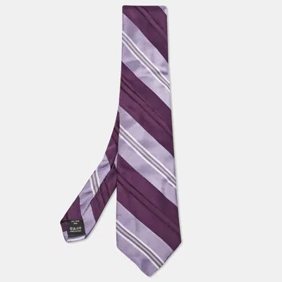 Pre-owned Valentino Garavani Purple Diagonal Striped Silk Tie In White
