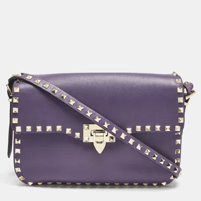 Pre-owned Valentino Garavani Purple Leather Rockstud Flap Shoulder Bag