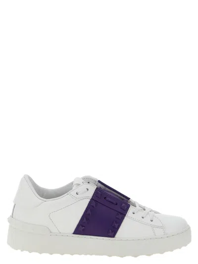 Valentino Garavani White Leather Rockstud Untitled Sneakers With Purple Band