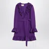 Valentino Garavani Purple Short Dress With V-neck And Ruffles In Virgin Wool And Silk Blend Woman In Purple
