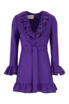 Valentino Garavani Purple Short Dress With V-neck And Ruffles In Virgin Wool And Silk Blend Woman In Viola