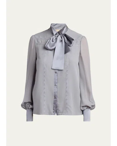 Valentino Pussy-bow Collar Silk-blend Lace Shirt In Gray
