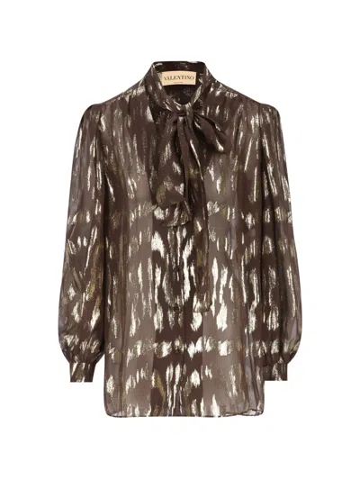 Valentino Pussy-bow Metallic-effect Shirt In Brown