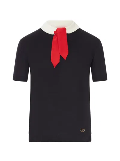 Valentino Pussy-bow Short-sleeved Knitted T-shirt In Black