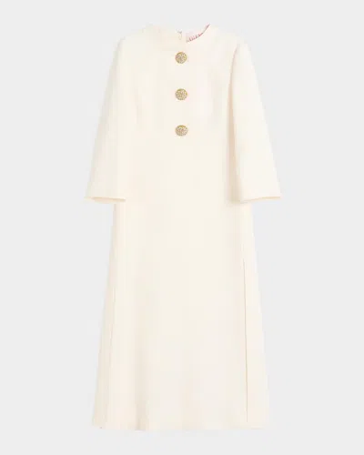 VALENTINO QUARTER-SLEEVE BROOCH WOOL MIDI DRESS
