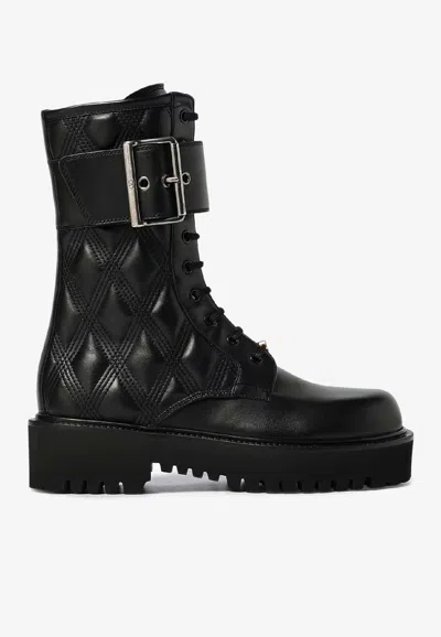 Valentino Garavani Quilted 67 Lace-up Combat Boots In Black