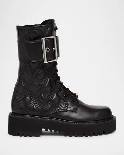 Valentino Garavani Quilted 67 Vlogo Leather Combat Boots In Black