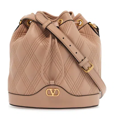 Valentino Garavani Quilted Pink Leather Bucket Crossbody Bag With Golden Details