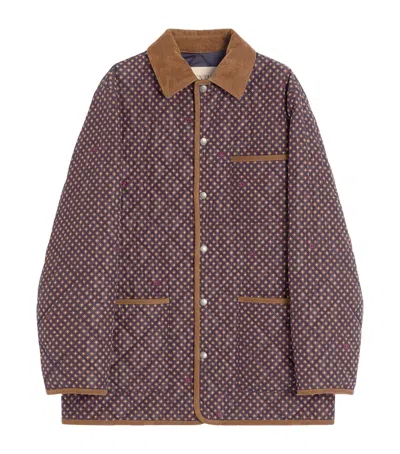 Valentino Quilted Collared Coat In Blau/sand/elfenbein