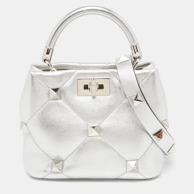 Valentino Garavani Quilted Leather Small Roman Stud Top Handle Bag In Silver