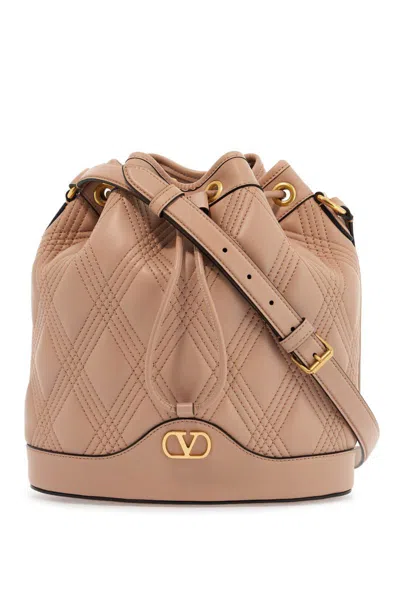 Valentino Garavani Quilted Pink Leather Bucket Crossbody Bag With Golden Details