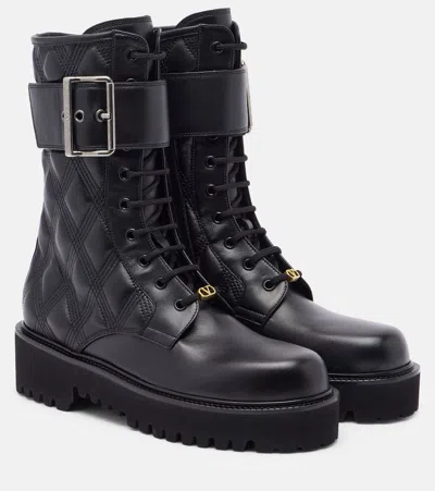 Valentino Garavani Quiltie 67 Leather Combat Boots In Black