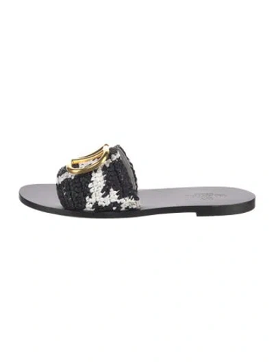 Pre-owned Valentino Garavani Raffia Colorblock Pattern Slides In Black