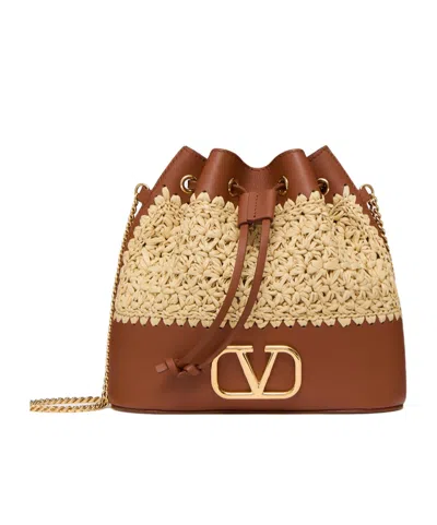 Valentino Garavani Raffia Leather Bucket Mini Bag In Brown