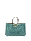 Valentino Raffia Tote Bag In Verde-azzurro/natural Camel/h.blu-b.gras