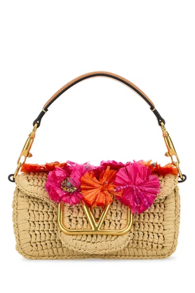 Valentino Garavani Raffia Vlogo Signature Handbag In Naturalerossorosanaturalcamel