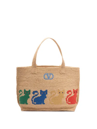 Valentino Garavani `raffiachat` Large Tote In Sand