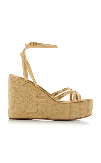 Valentino Garavani Raflower Raffia Wedge Sandals In Gold