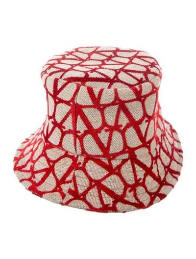 Pre-owned Valentino Garavani Rayon Monogram Bucket Hat In Neutrals/red
