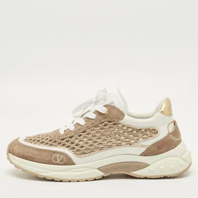 Pre-owned Valentino Garavani Ready Go Size 39 White/brown Leather And Suede Low Top Sneakers