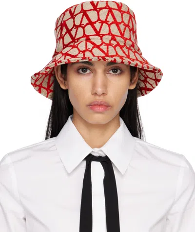 Valentino Garavani Red & Beige 'toile Iconographe' Bucket Hat In J4a Naturale/rosso V