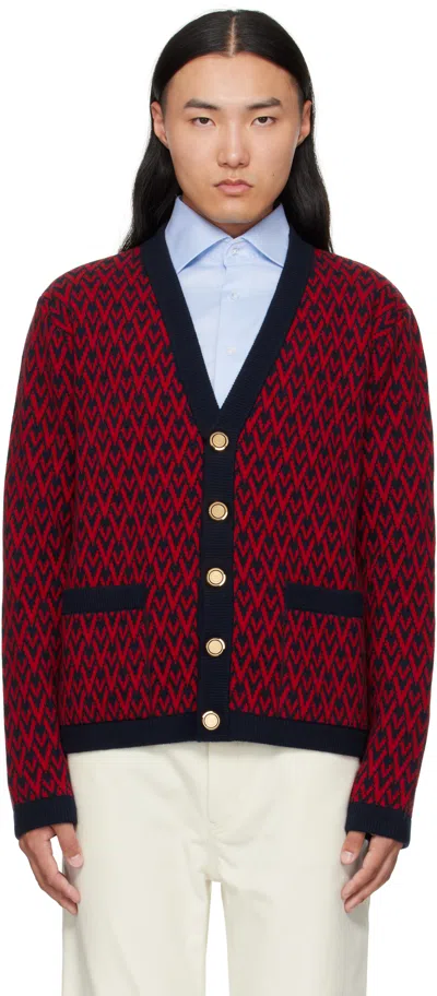 Valentino Red & Navy Wool 'toute La V' Cardigan