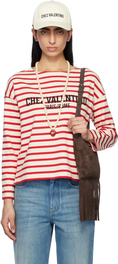 VALENTINO RED & OFF-WHITE STRIPED JERSEY COTTON T-SHIRT