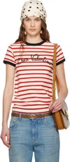 Valentino Women Ivory Striped Jersey Embroidered T-shirt In As0 Avorio/rosso